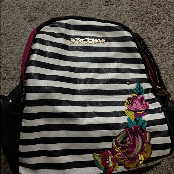 Betsey Johnson Handbags - Betsey Johnson Black and White Striped Backpack with Floral Design
